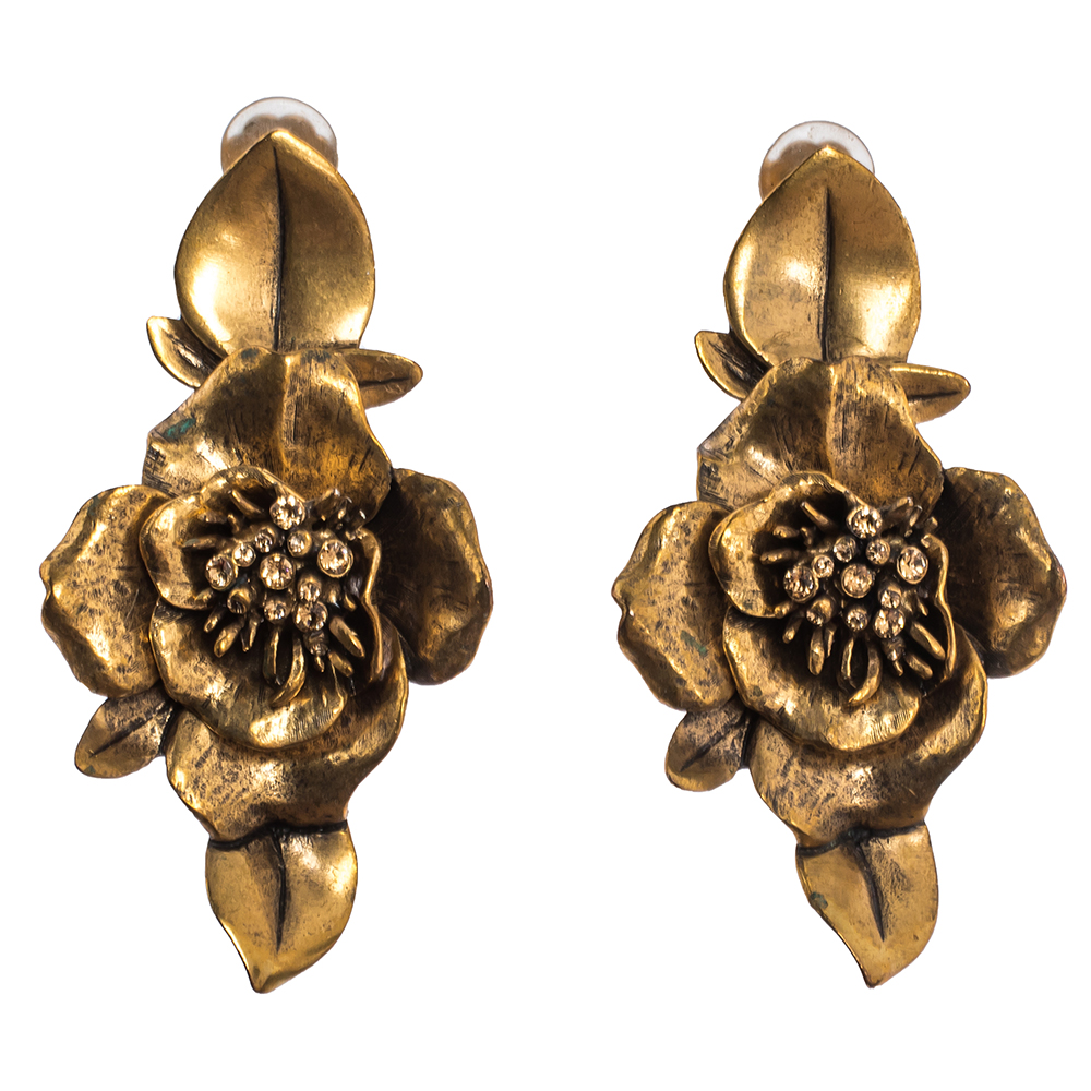Oscar de la Renta Flower Crystal Gold Tone Clip-on Drop Earrings