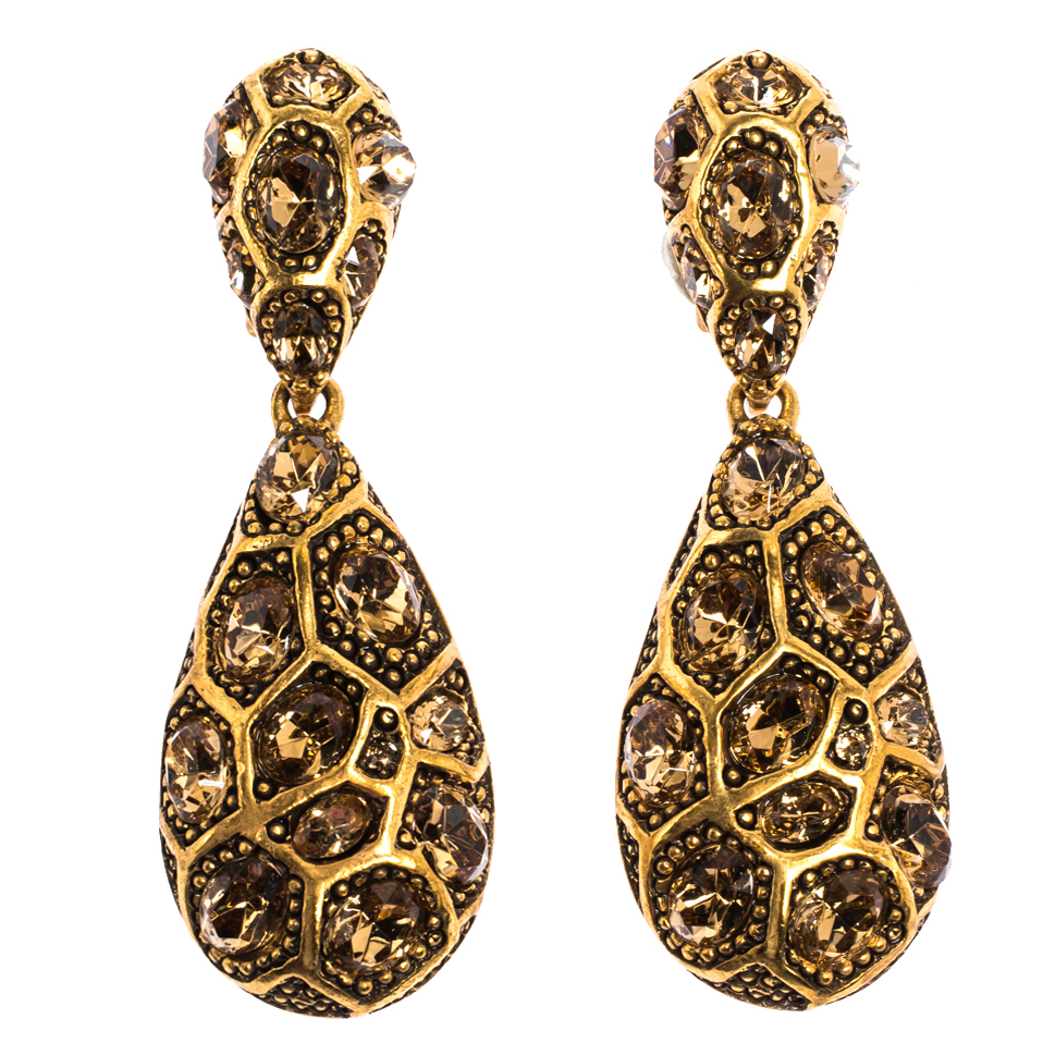 

Oscar de la Renta Crystal Embellished Gold Tone Clip-on Drop Earrings & Ring Set