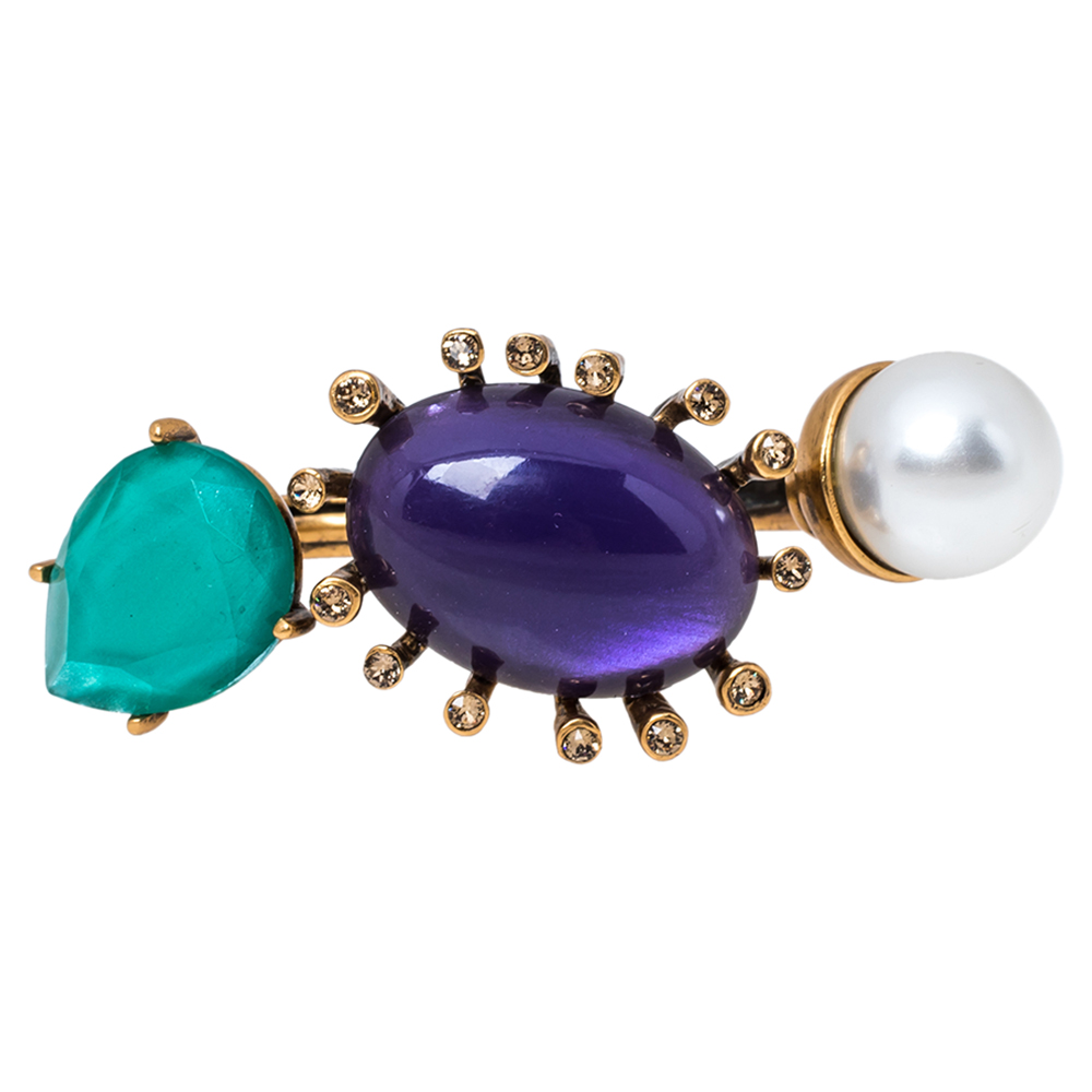 

Oscar de la Renta Mulitcolor Crystals & Faux Pearl Double Finger Ring Size EU 54.4, Multicolor