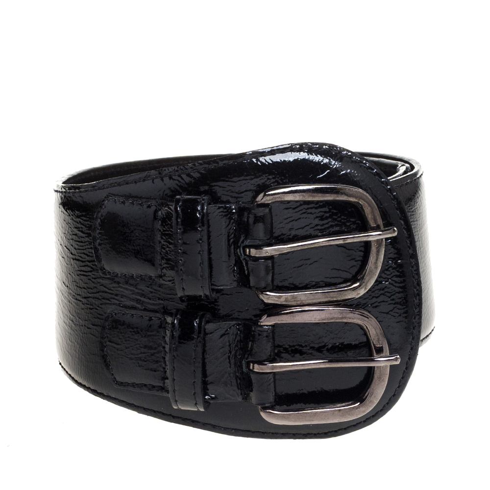 

Oscar de la Renta Black Patent Leather Double Buckle Waist Belt