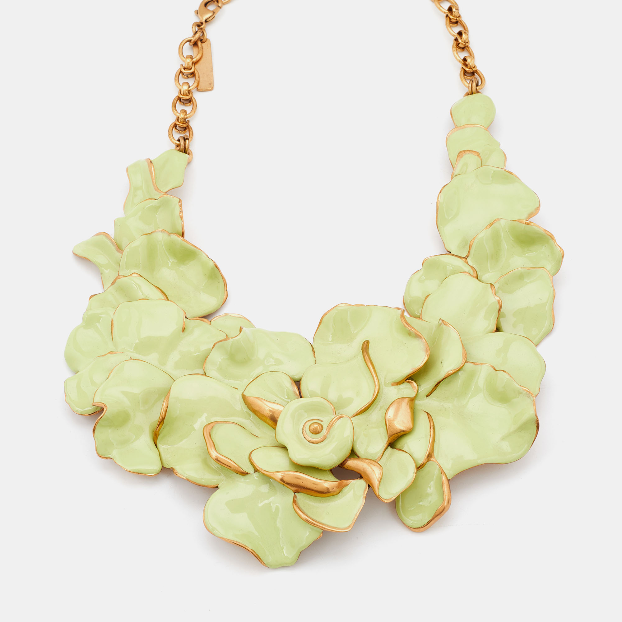 

Oscar de la Renta Green Enamel Floral Gold Tone Collar Necklace