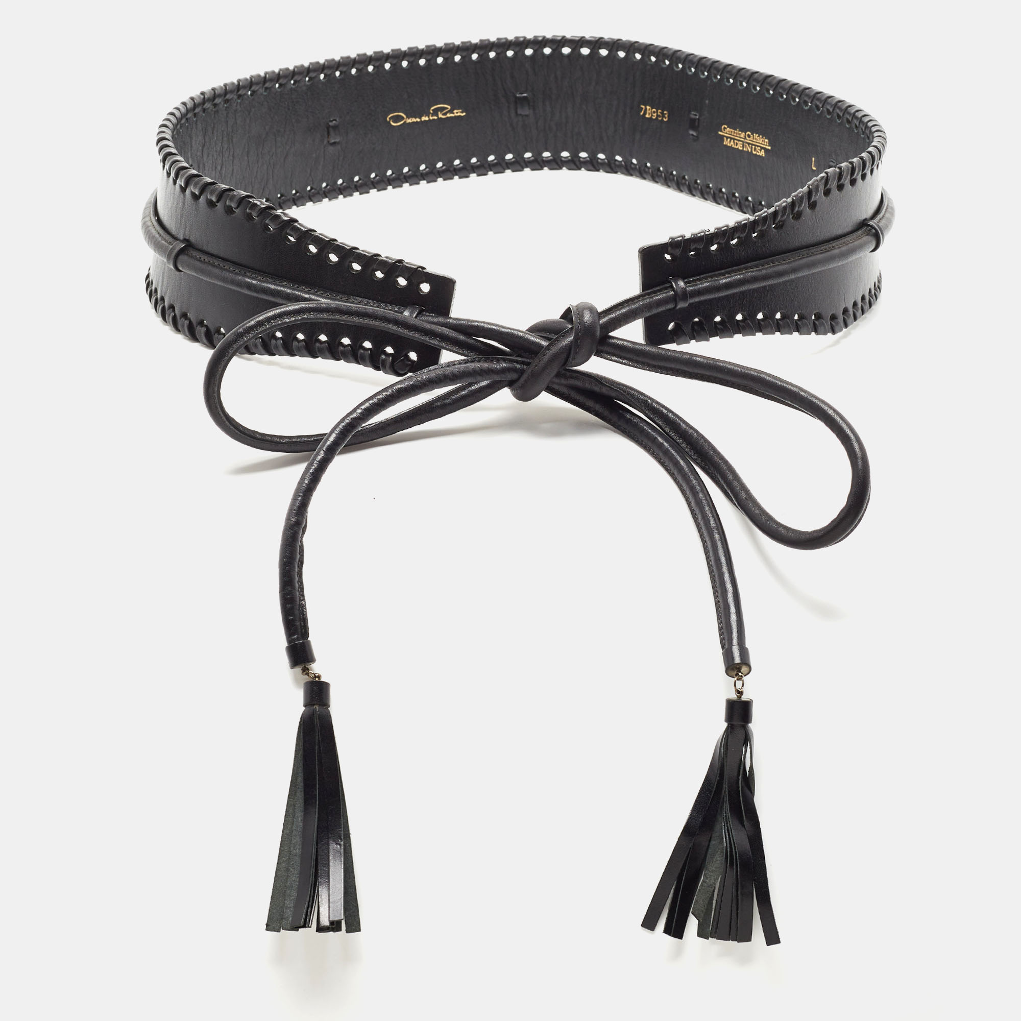 Pre-owned Oscar De La Renta Black Leather Whipstitch Detail Wrap Around Waist Belt L