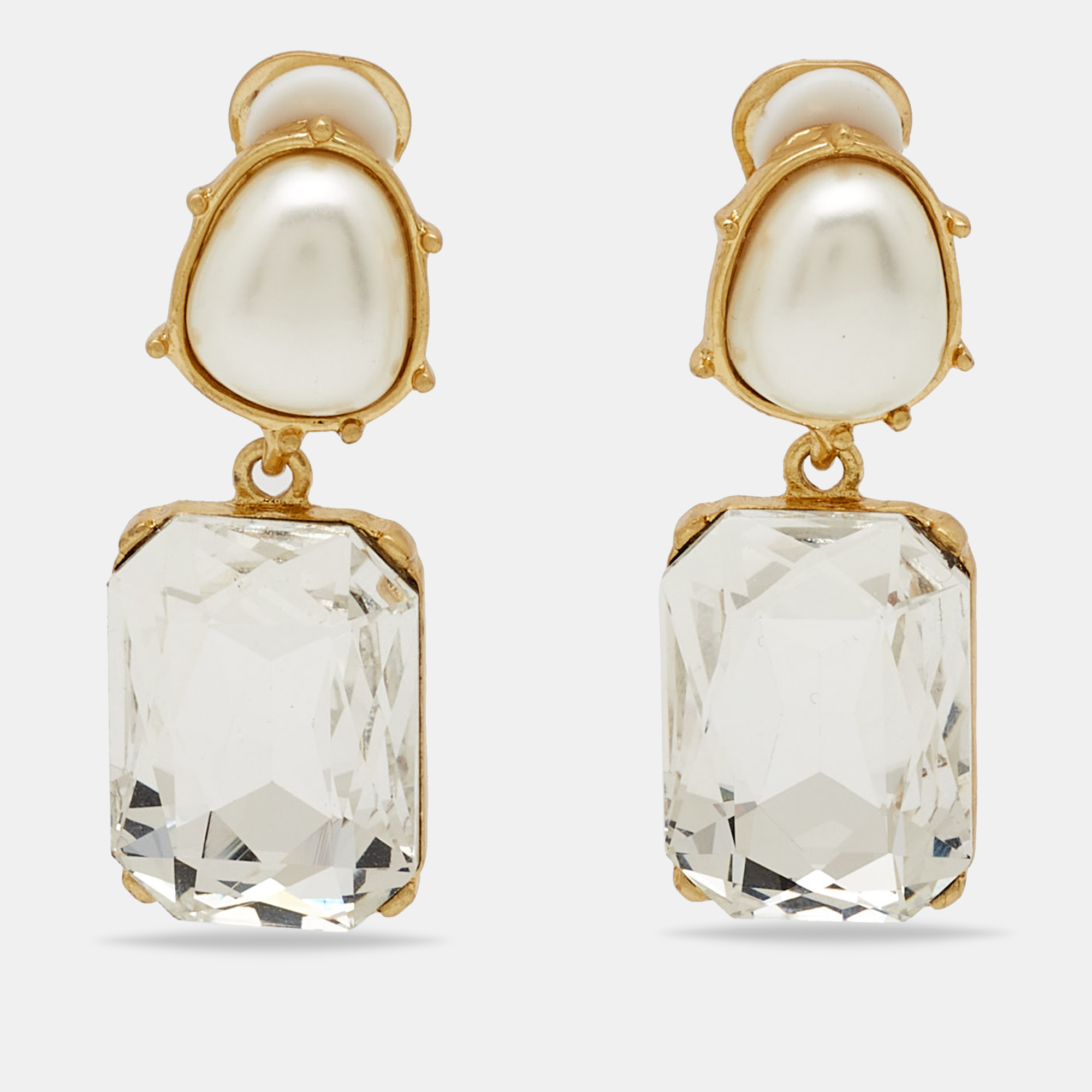 

Oscar de la Renta Crystal Faux Pearl Gold Tone Earrings