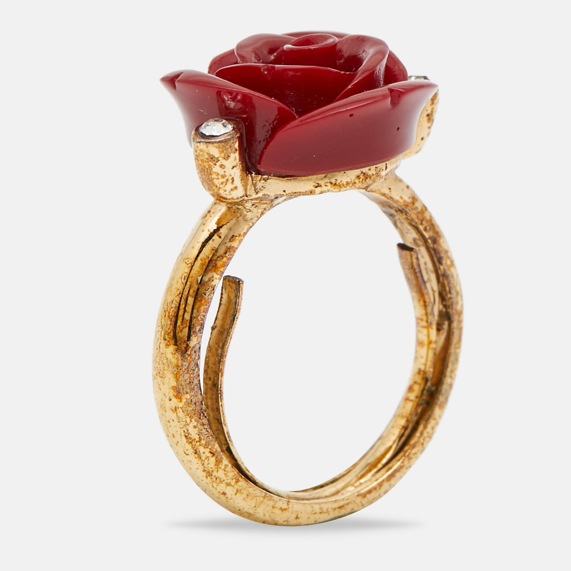 Pre-owned Oscar De La Renta Red Resin Rose Cocktail Ring Size Eu 51