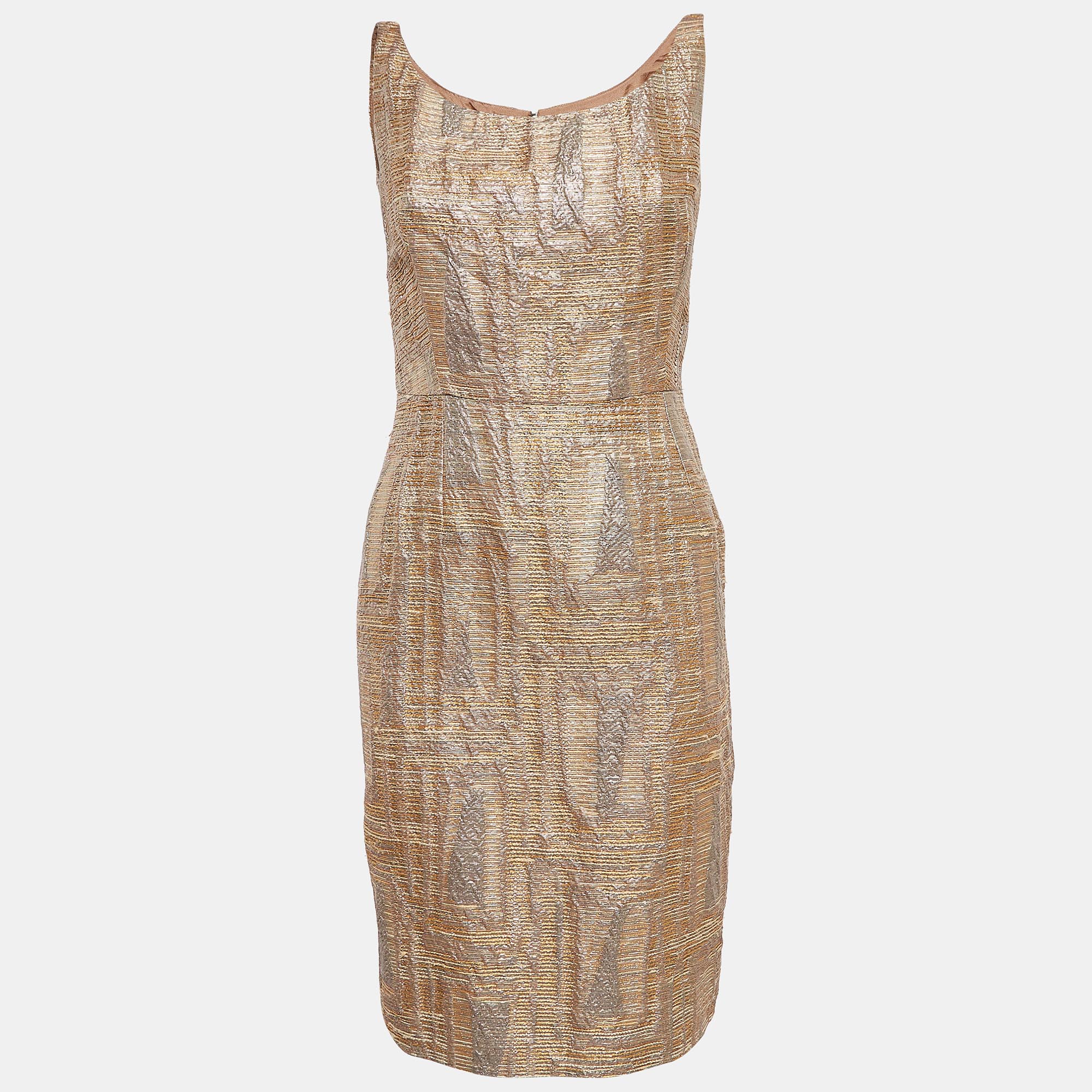 Pre-owned Oscar De La Renta Metallic Jacquard Short Sheath Dress L