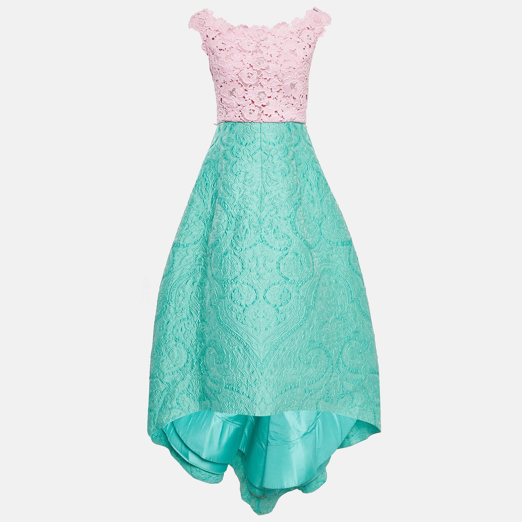 

Oscar de la Renta Pink/Green Lace and Cotton Blend Sleeveless Gown S