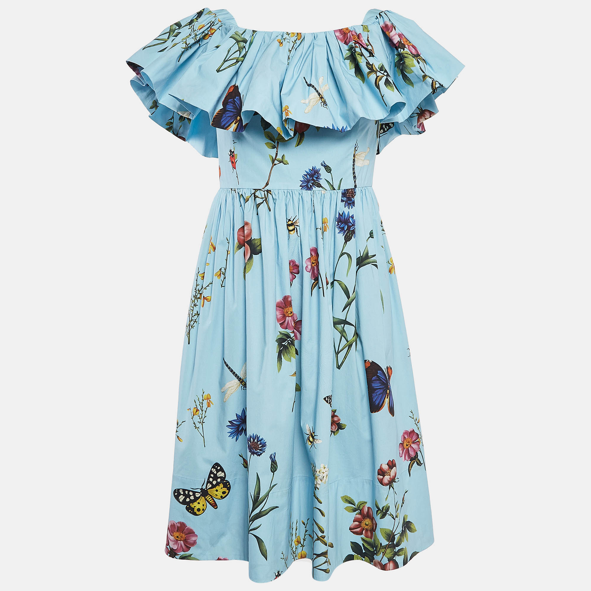 

Oscar de la Renta Blue Floral Print Cotton Off-Shoulder Midi Dress M