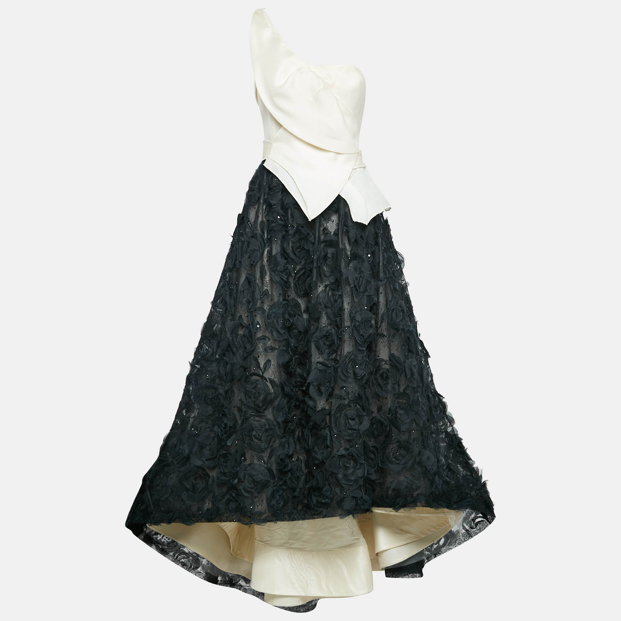 

Oscar de la Renta White/Black Silk and Floral Lace Gown L