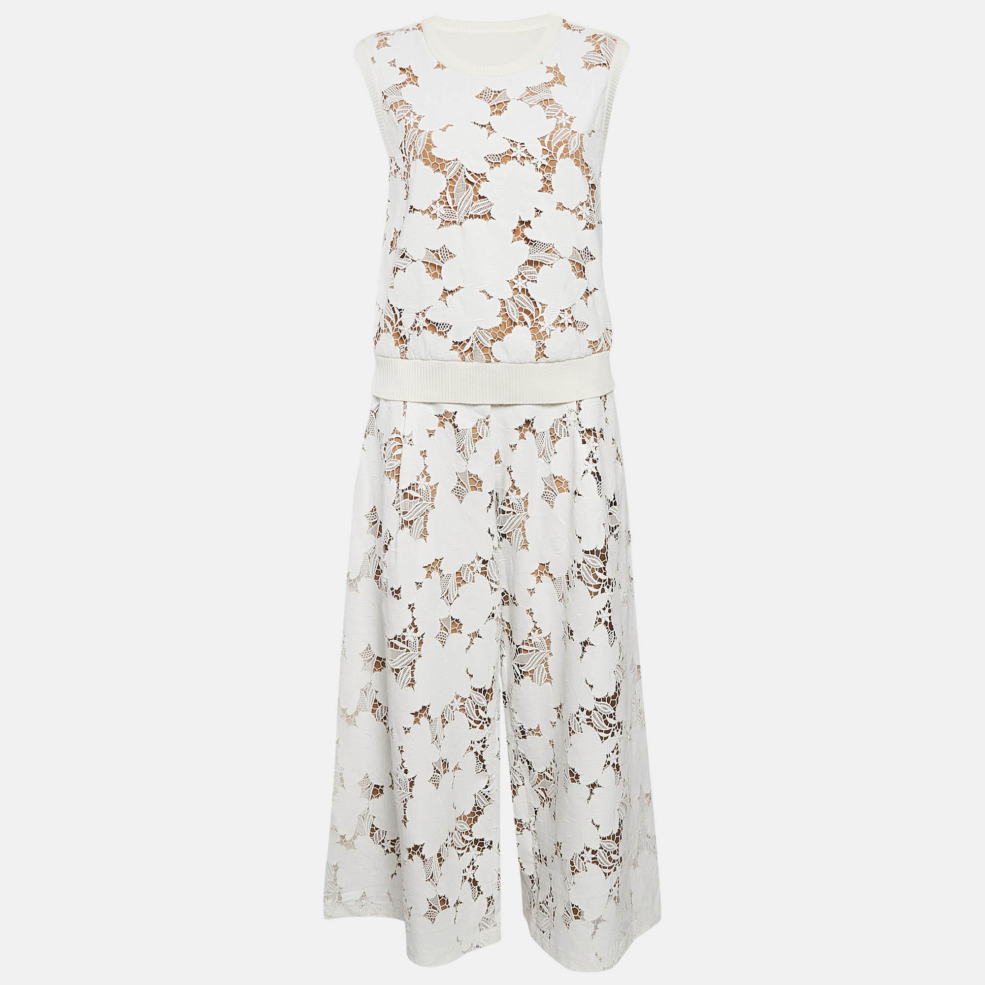 

Oscar de la Renta White Magnolia Guipure Lace Palazzo Pants