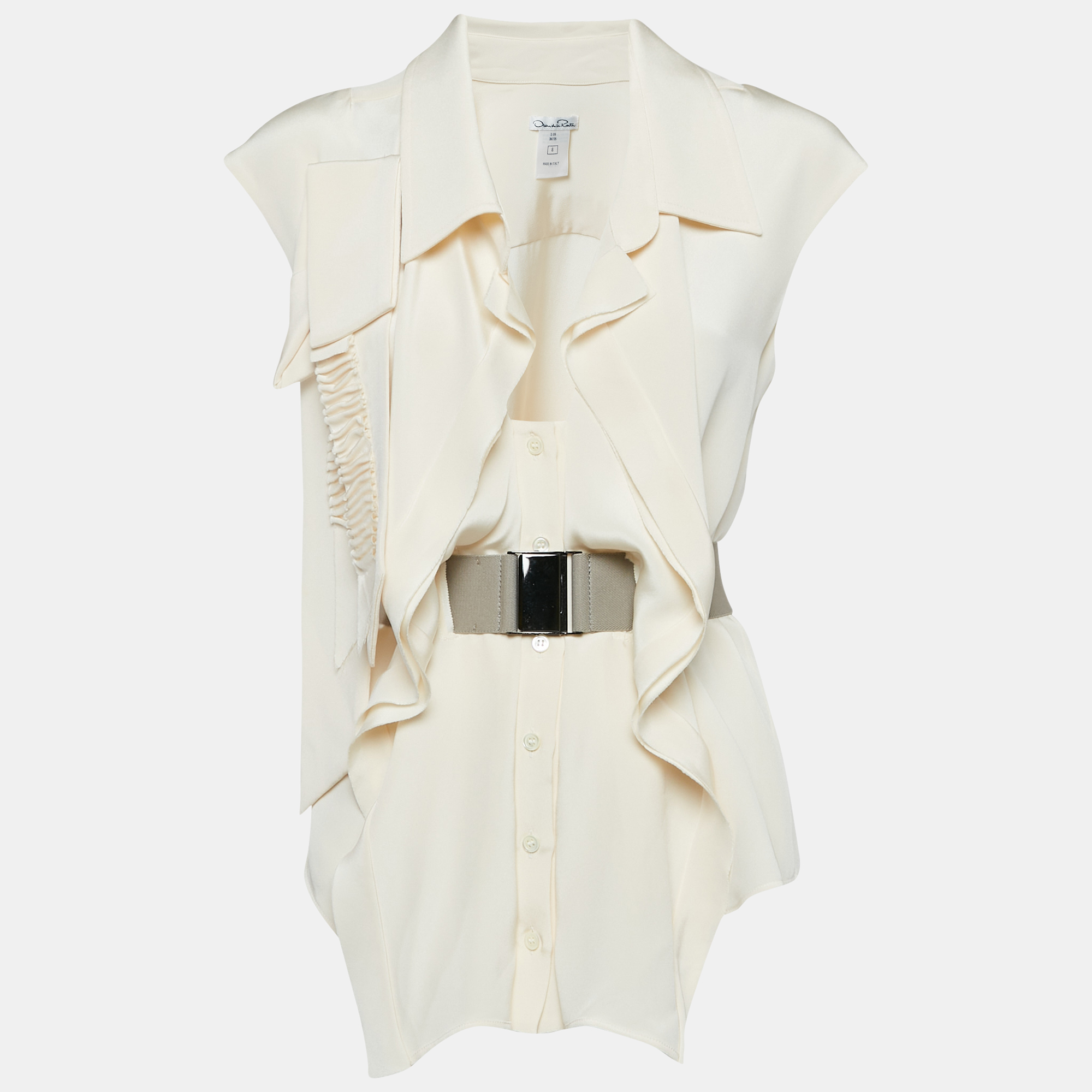 

Oscar de la Renta Cream Silk Belted Sleeveless Blouse M