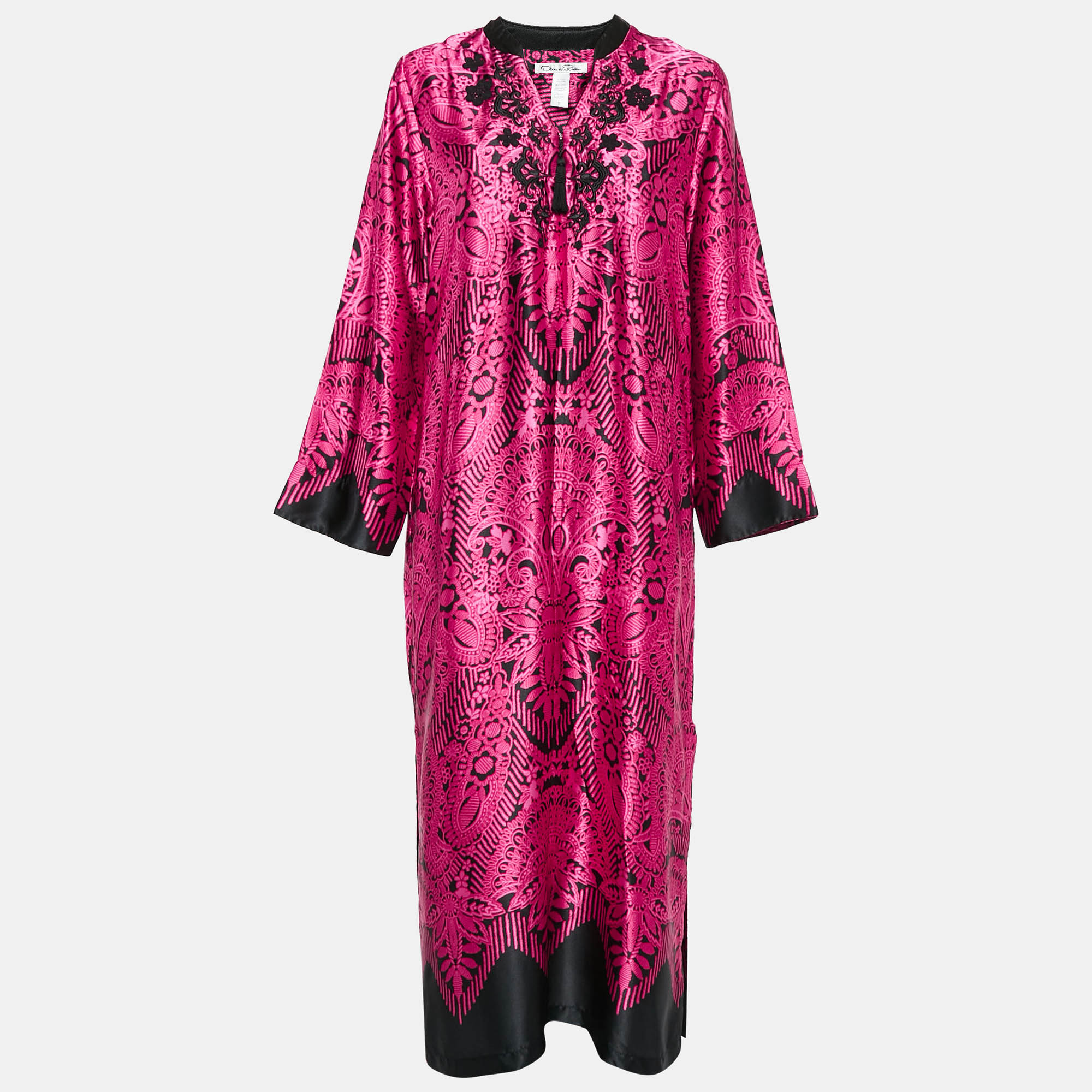 

Oscar de la Renta Pink/Black Printed Satin Maxi Kaftan Dress S