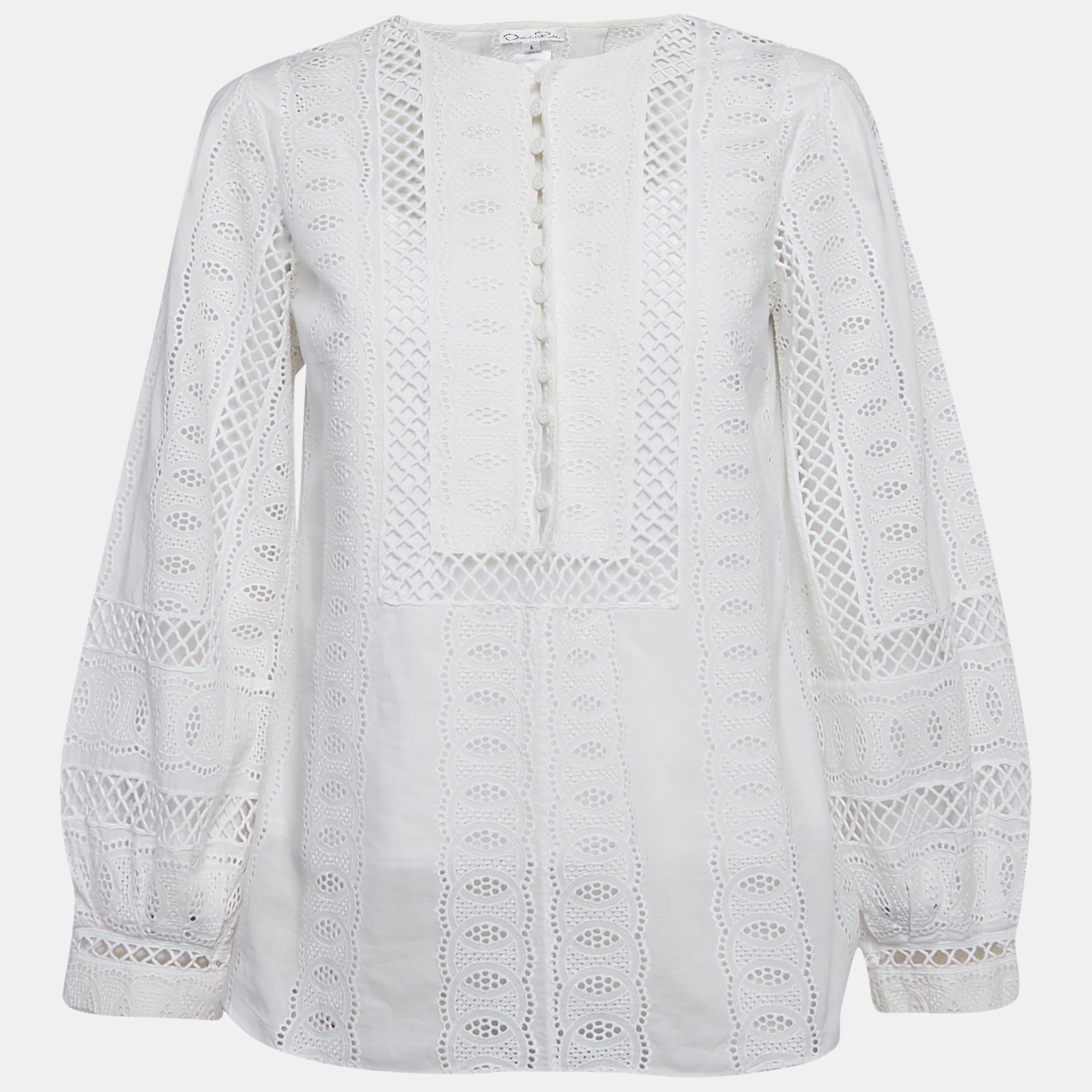 

Oscar De La Renta White Broderie Anglaise Long Sleeve Blouse M