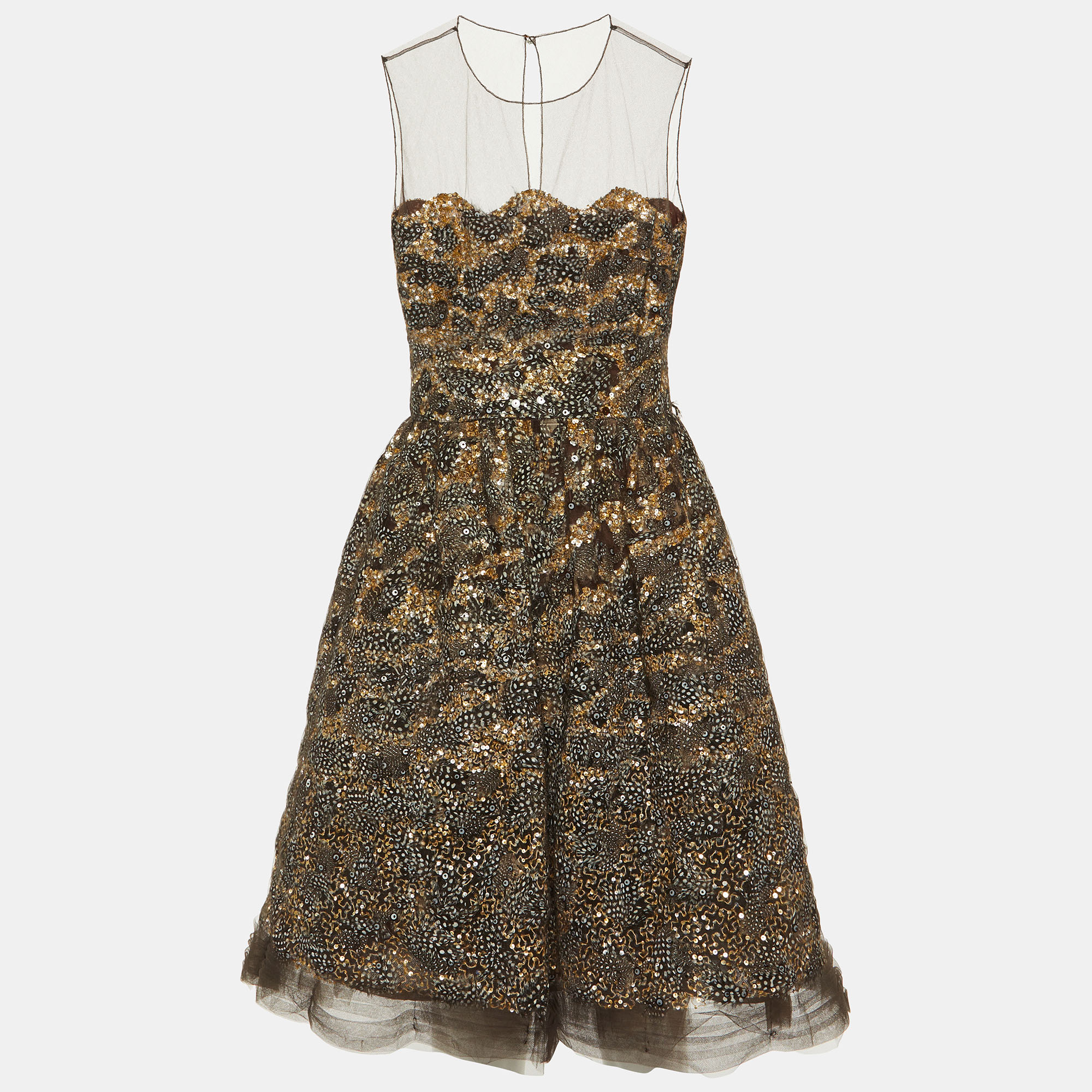 

Oscar de la Renta Brown Sequin & Feather Embedded Tulle Mini Dress M