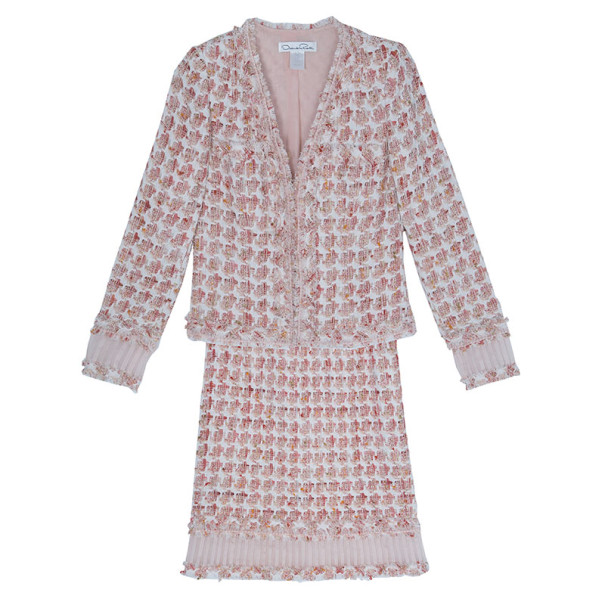 Pre Owned Oscar de la Renta Peach Tweed Skirt Suit M
