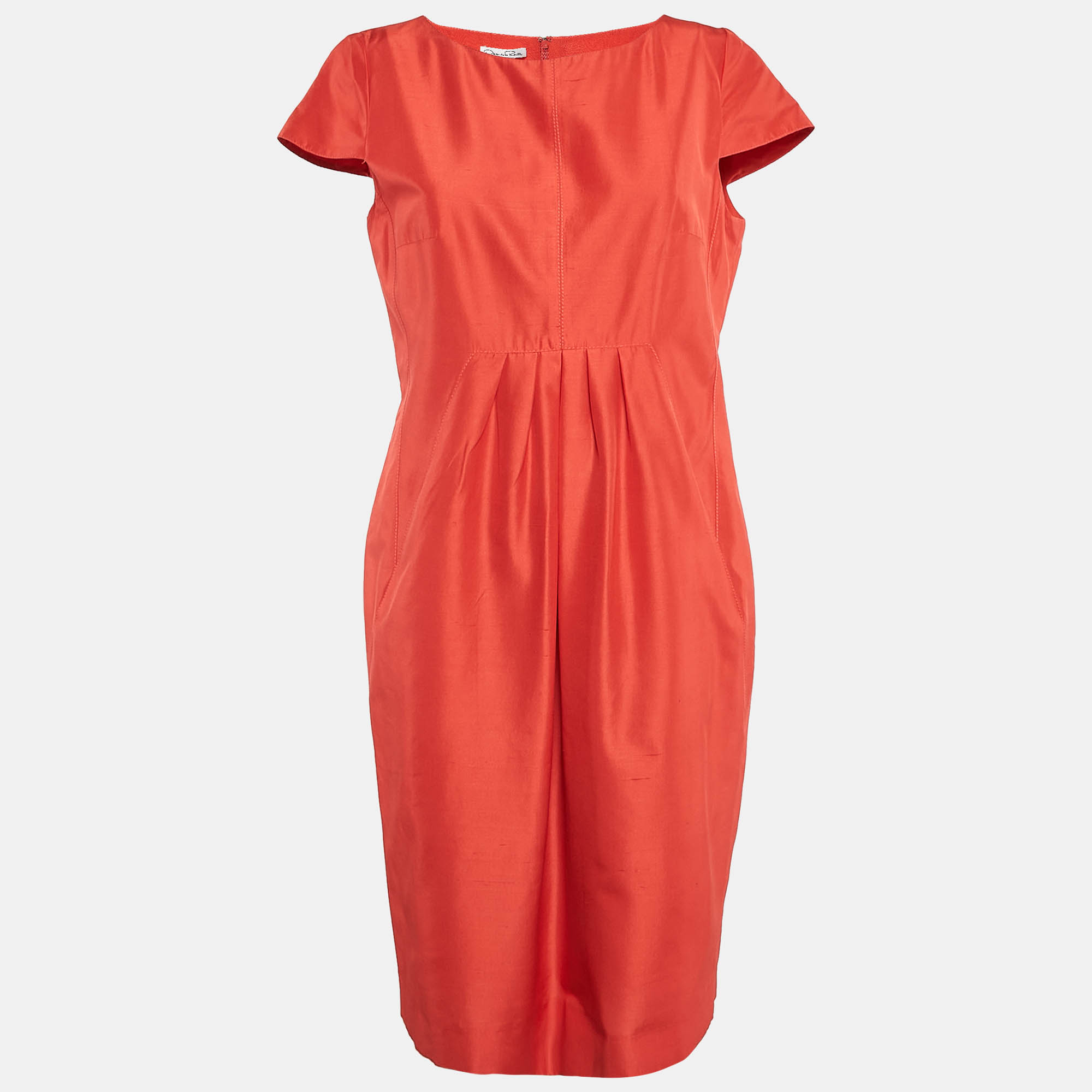 

Oscar de la Renta Red Silk Cap Sleeve Midi Dress M