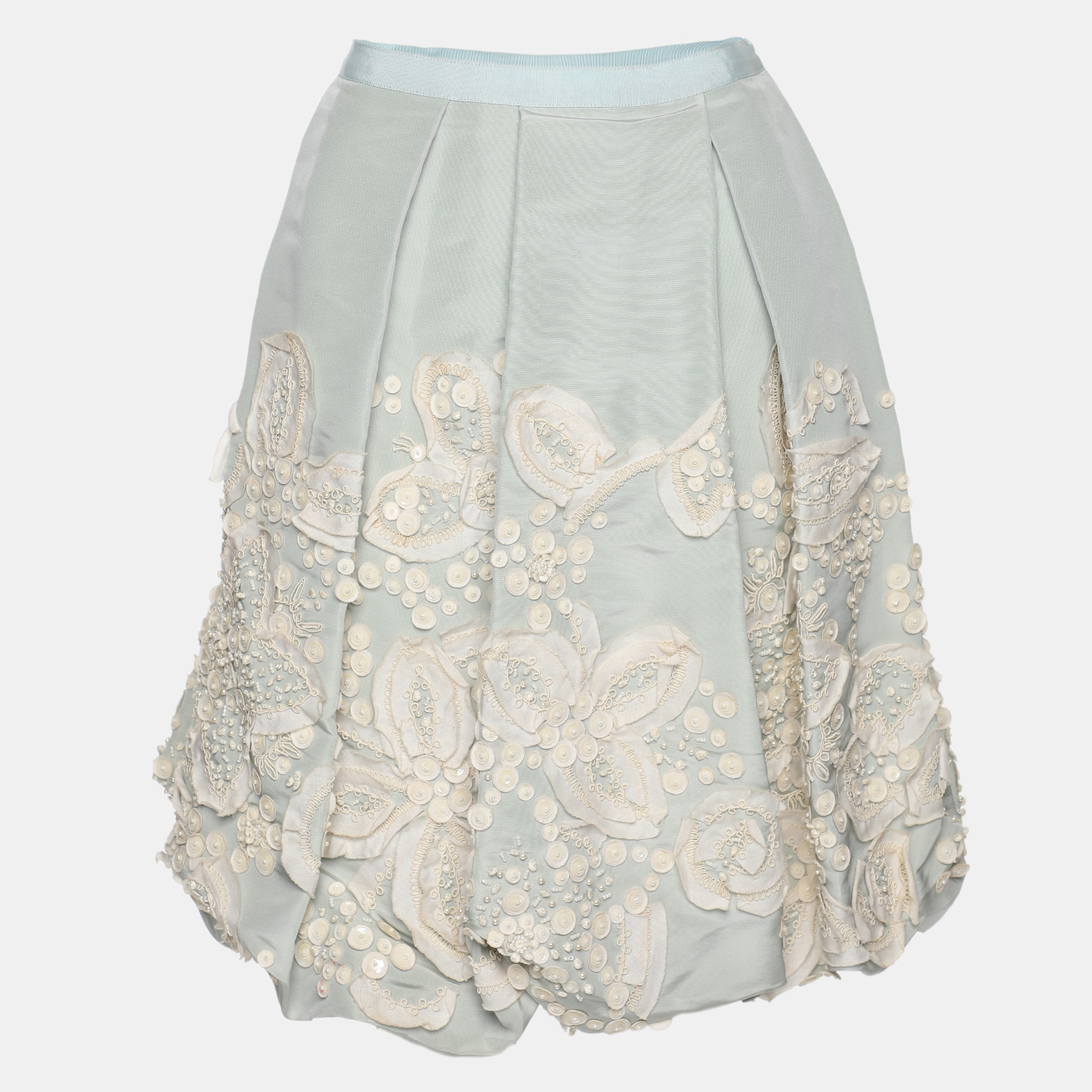 

Oscar de la Renta Grey/Light Blue Silk Embroidered Mini Skirt Size L