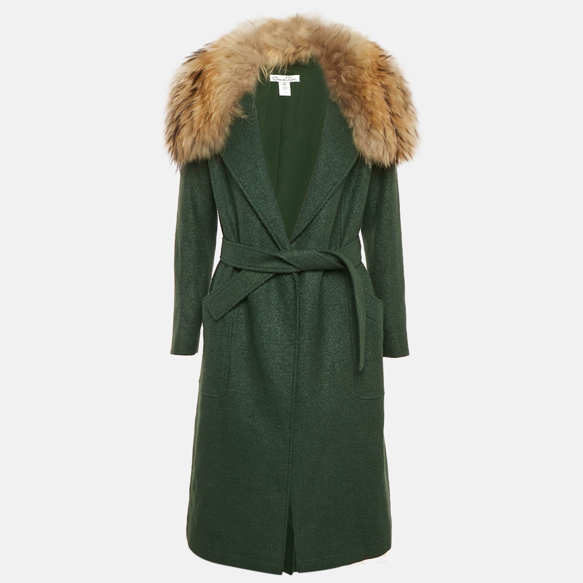 

Oscar de la Renta Green Wool Blend Belted Detachable Fur Coat M