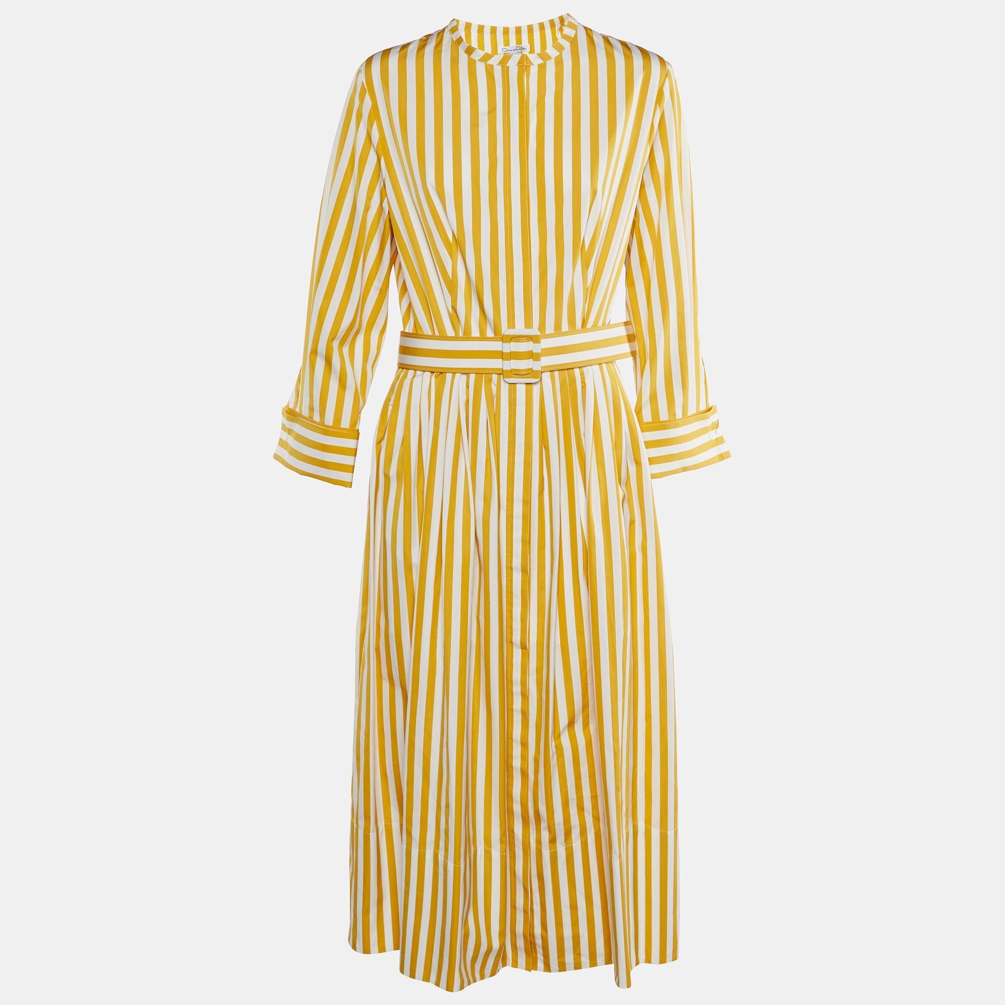 

Oscar de la Renta Yellow Striped Cotton Belted Maxi Dress XL