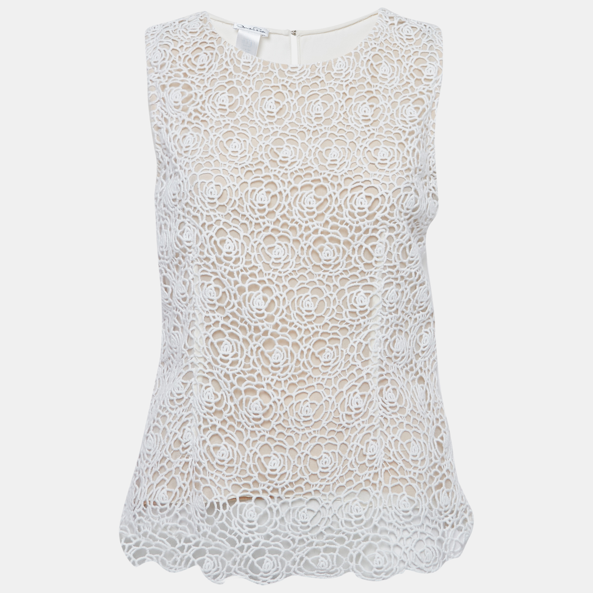 

Oscar de la Renta White Lace and Crepe Sleeveless Top M