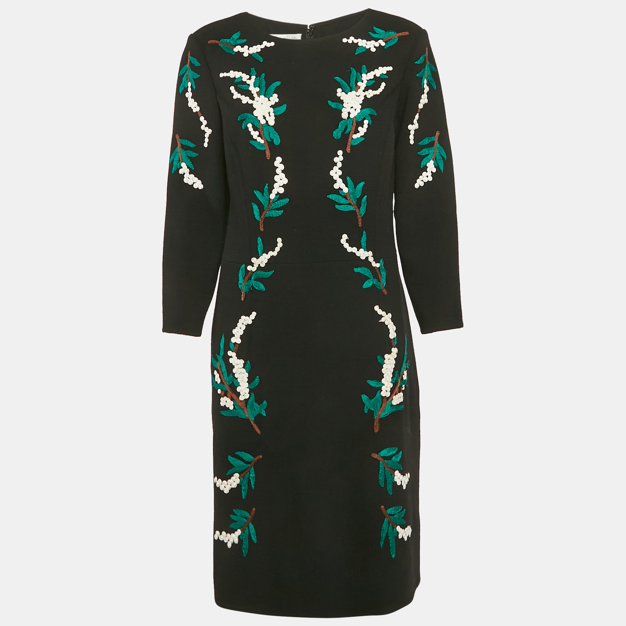 

Oscar de la Renta Black Embroidered Wool Midi Dress XL
