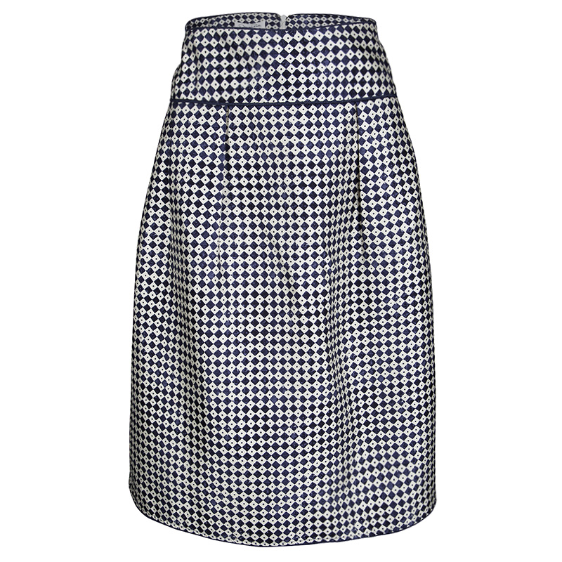 Pre Owned Oscar de la Renta Blue and White Diamond and Dot Print Skirt MTO