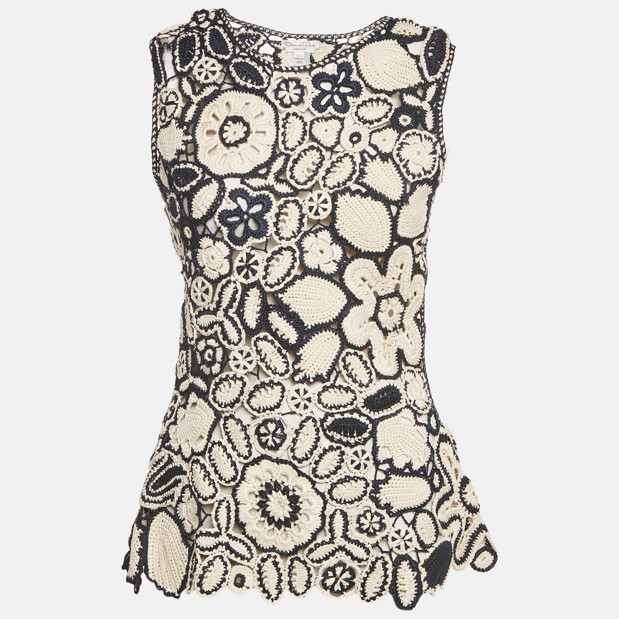 Pre-owned Oscar De La Renta Blue/cream Patterned Crochet Top M