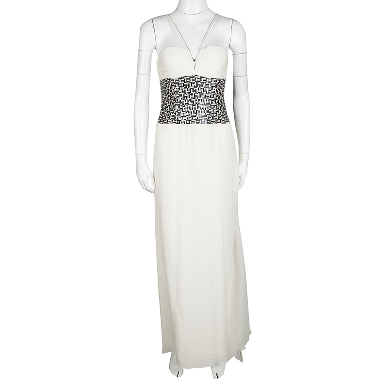 

Oscar De La Renta Off White Basket Weave Embellished Ruched Silk Gown