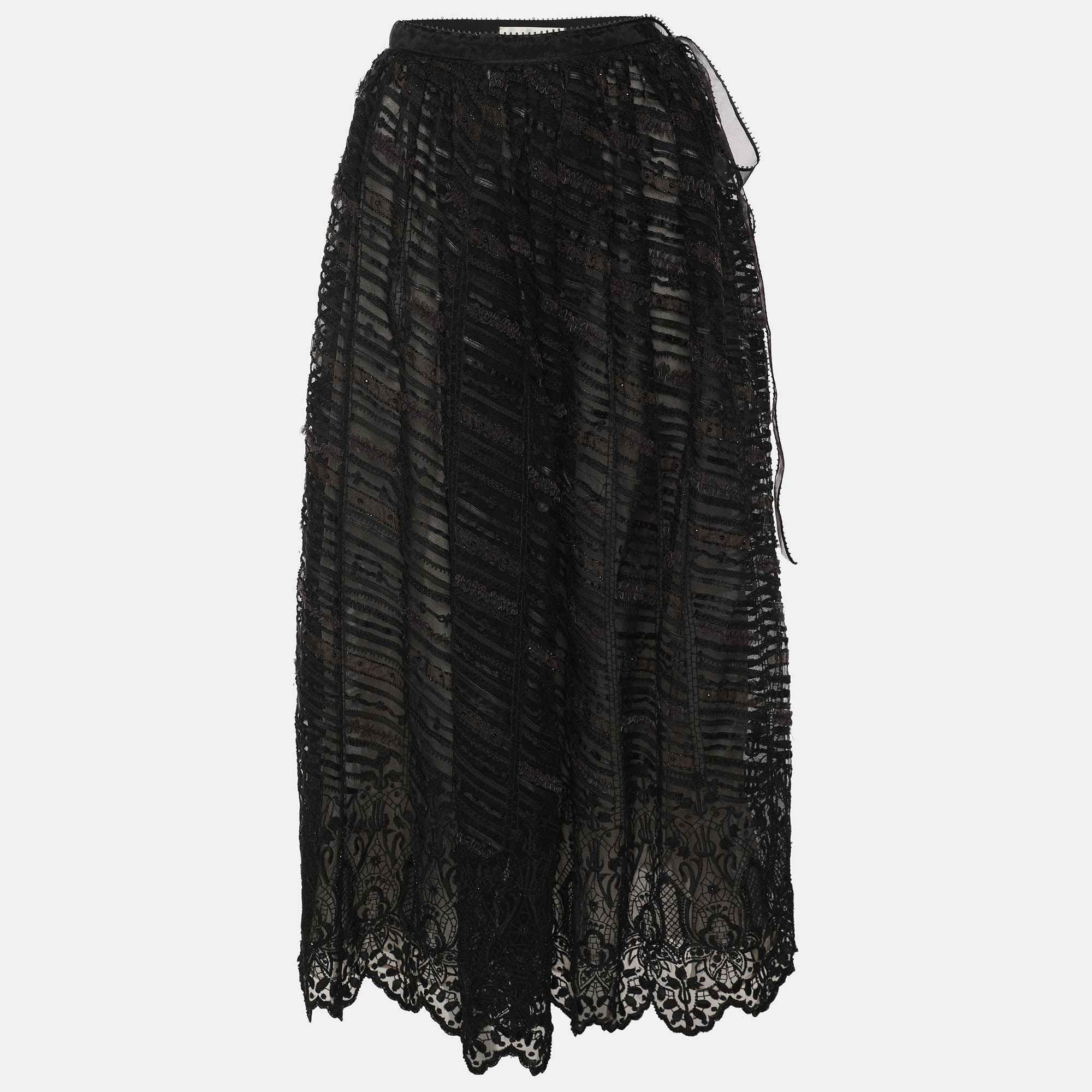 Pre-owned Oscar De La Renta Black Lace And Leather Midi Skirt M