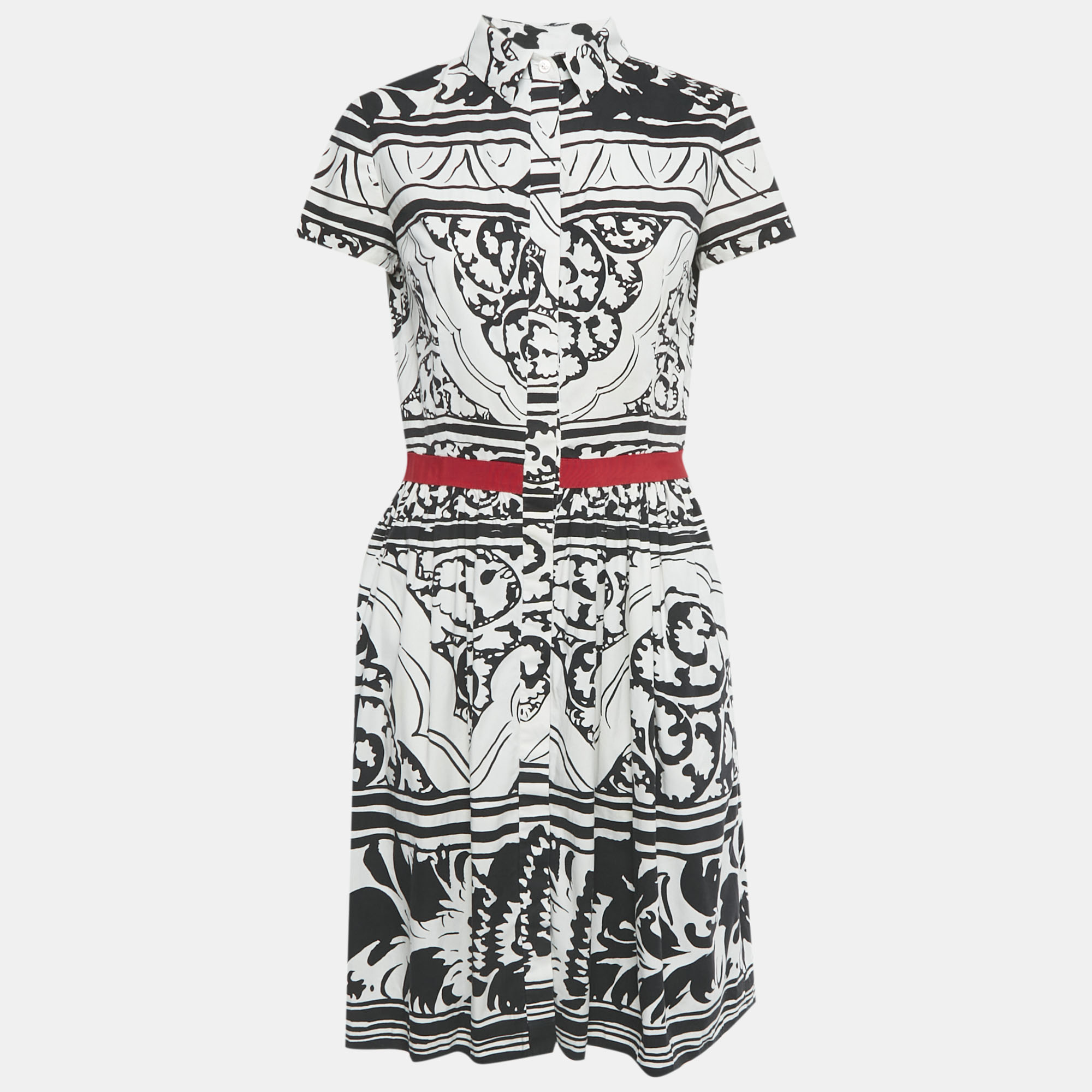 

Oscar de la Renta White /Black Printed Cotton Blend Midi Dress L