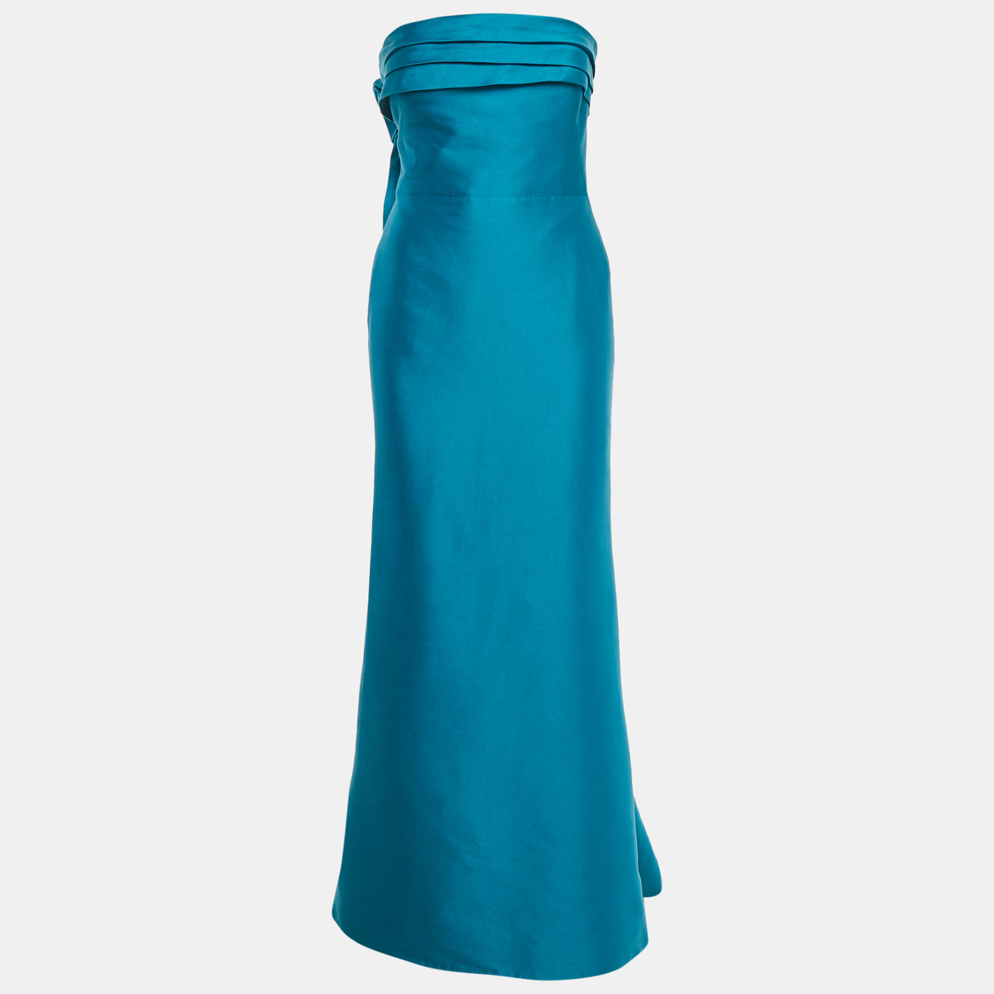 Pre-owned Oscar De La Renta Blue Silk Blend Bow Detail Strapless Gown S