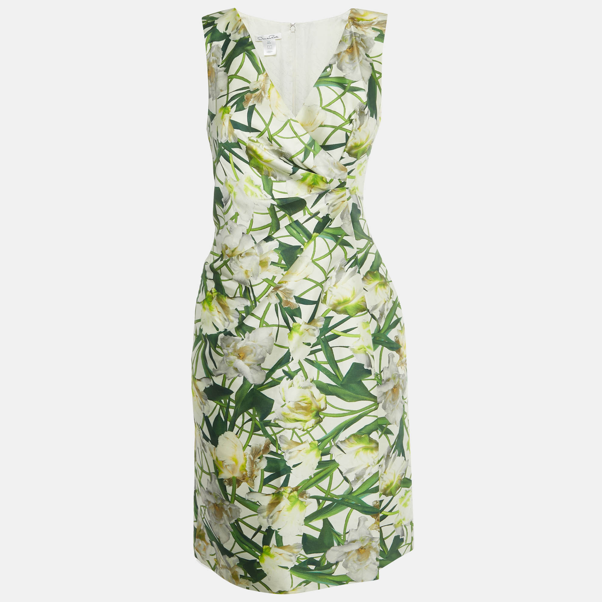 

Oscar de la Renta White Floral Print Silk & Wool Plunge Neck Short Dress S