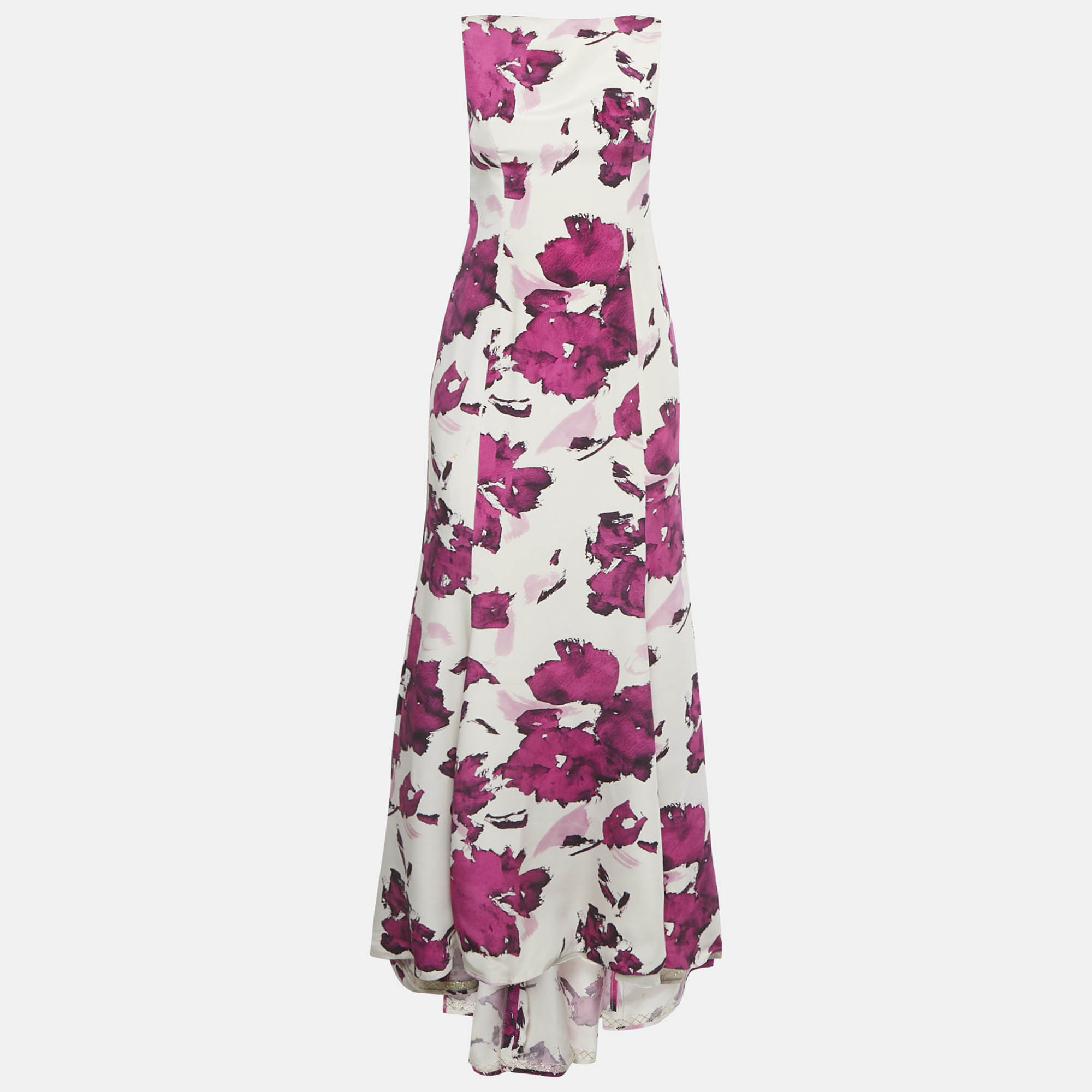 Pre-owned Oscar De La Renta Beige Watercolor Printed Silk Maxi Dress M In Sand
