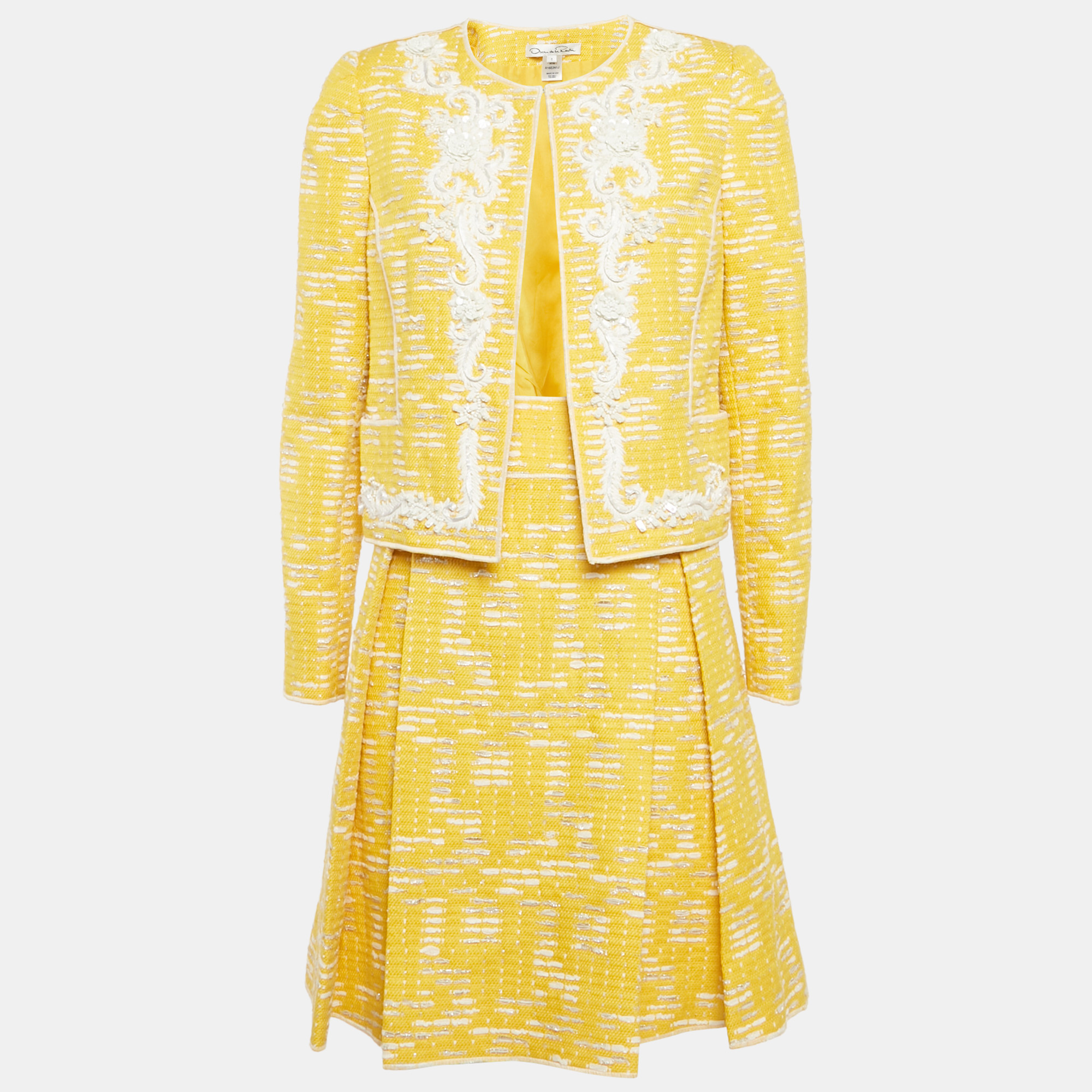 

Oscar de la Renta Yellow Embellished Cotton Blend Jacket & Skirt Set M