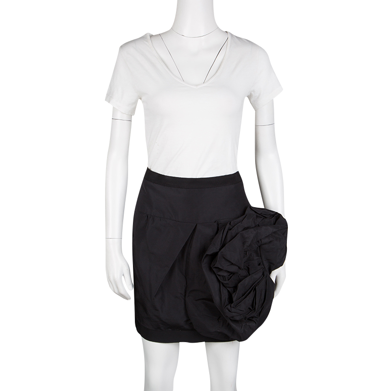 

Oscar De La Renta Black Silk Ruffle Detail Rib Trim Mini Skirt