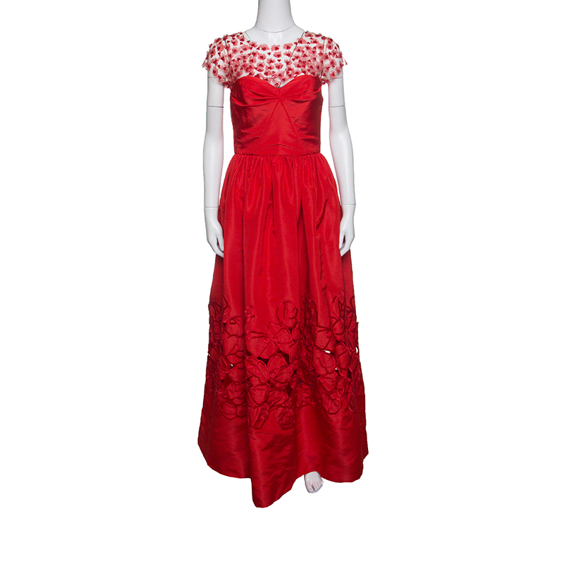 Oscar de la Renta Red Sequin Floral Embellished Cutout Detail Ball Gown S