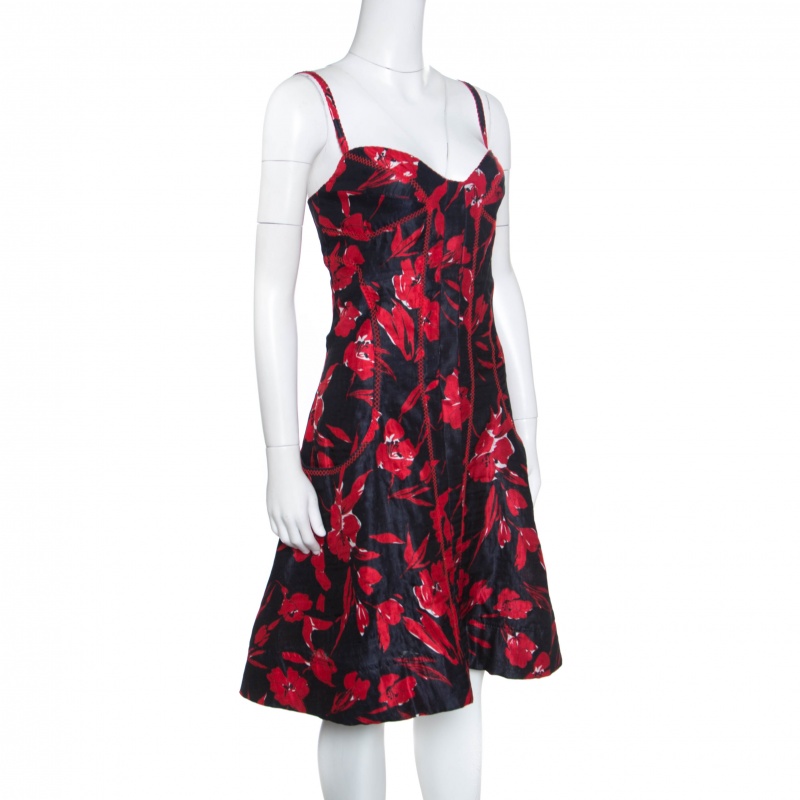 

Oscar de la Renta Black and Red Floral Print Embroidered Sleeveless Sundress, Multicolor