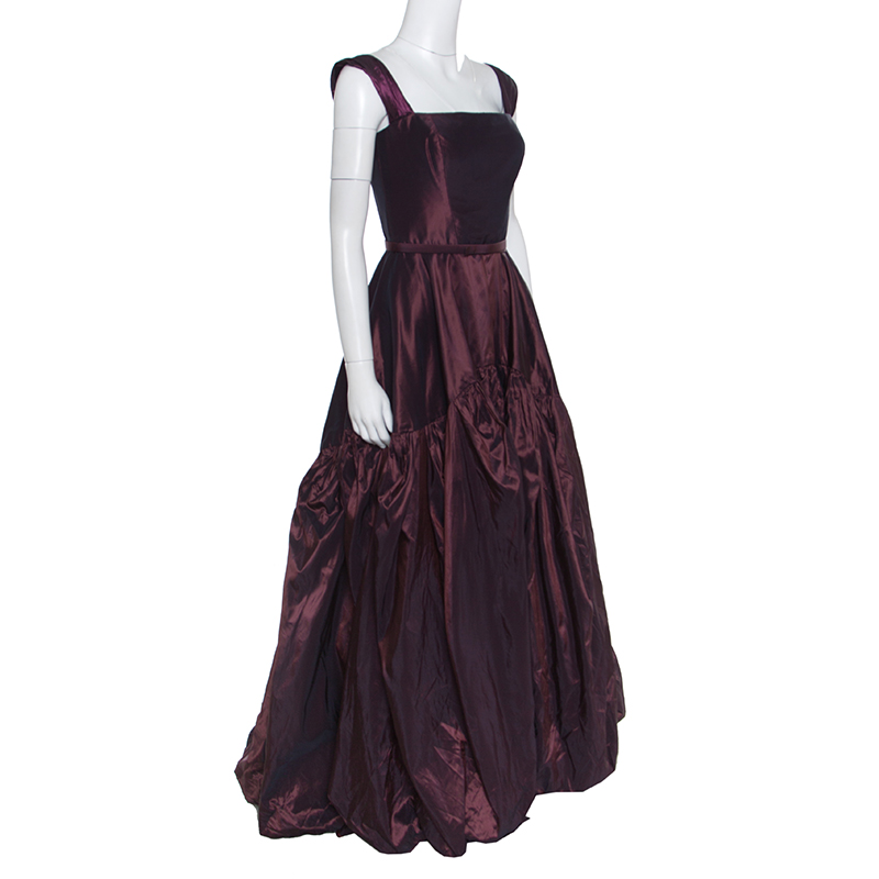 

Oscar de la Renta Burgundy Silk Tiered Belted Sleeveless Gown