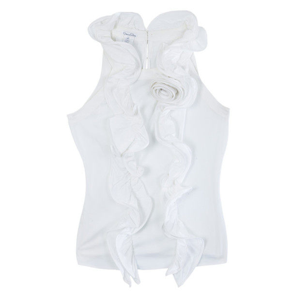 مملوكة مسبقًا Oscar De La Renta White Silk Ruffled Blouse M