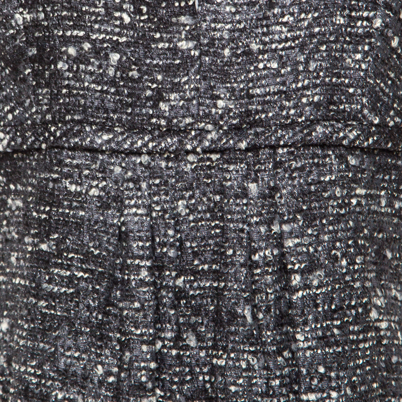 Pre-owned Oscar De La Renta Grey Textured Lurex Plunge Neck Detail Short Sleeve Dress M