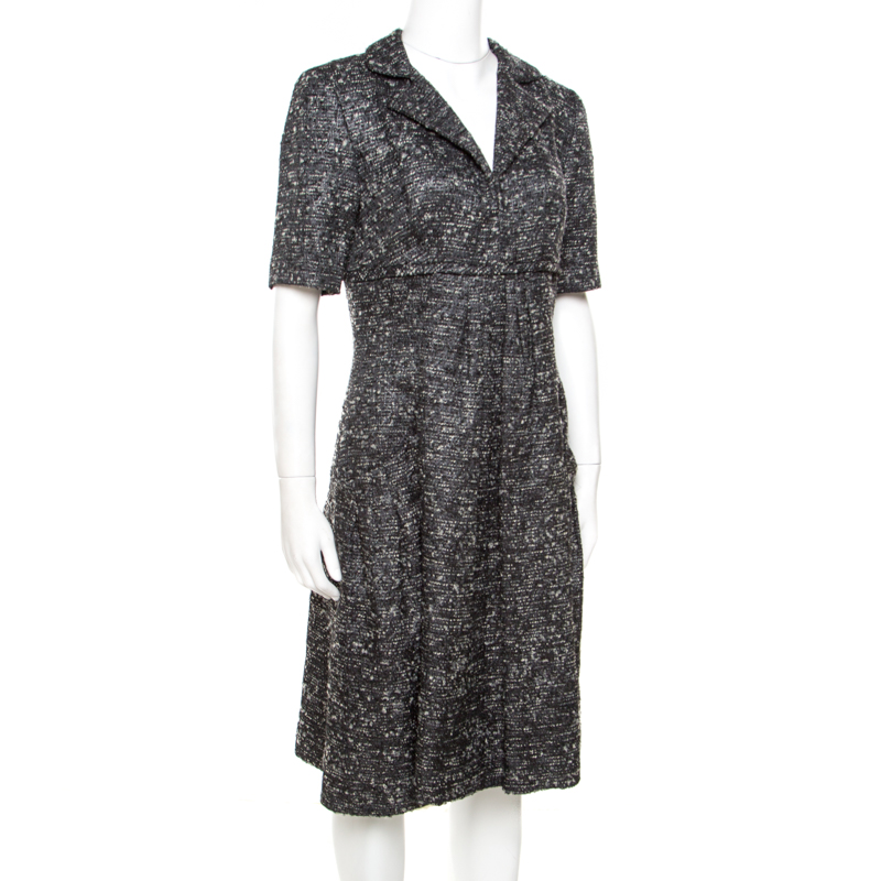 Pre-owned Oscar De La Renta Grey Textured Lurex Plunge Neck Detail Short Sleeve Dress M