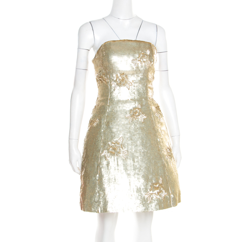 

Oscar de la Renta Matte Gold Sequin Embellished Strapless Mini Dress