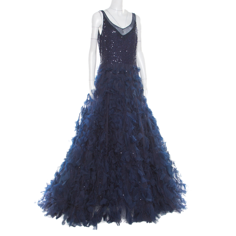 

Oscar de la Renta Navy Blue Embellished Tulle Faux Feather Gown