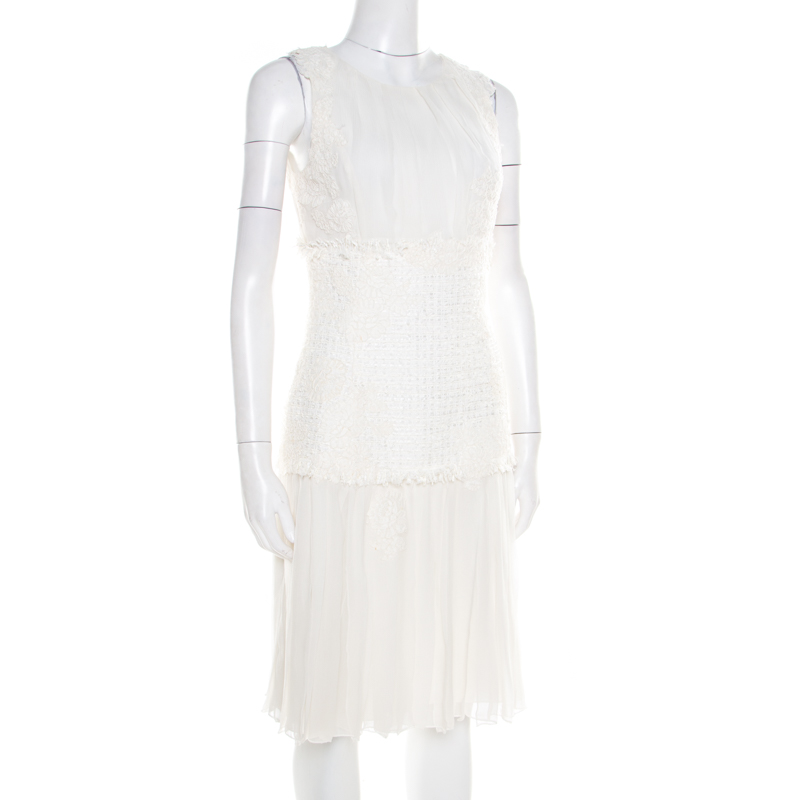 

Oscar de la Renta White Chiffon and Tweed Lace Applique Sleeveless Dress