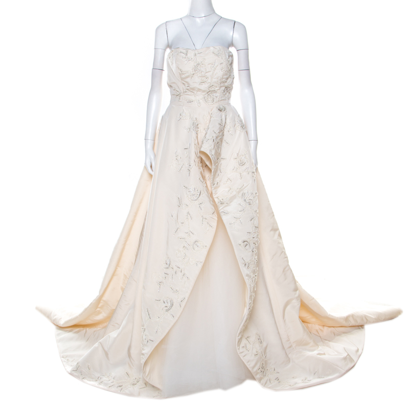 Oscar de la Renta Off White Embellished Silk Strapless Layered Tulle Wedding Gown L