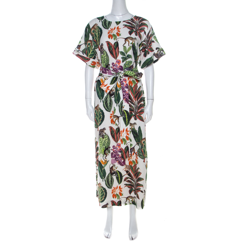 Pre Owned Oscar de la Renta White Jungle Print Silk Stretch Maxi Dress S