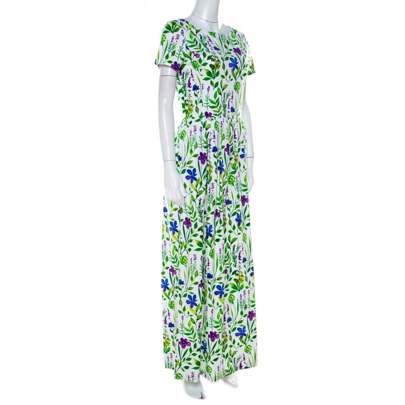 

Oscar de la Renta Multicolor Floral Print Cotton Gathered Maxi Dress