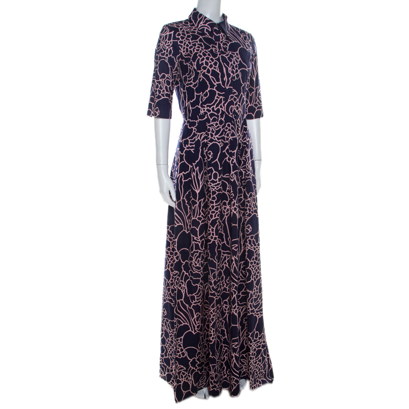 

Oscar De La Renta Indigo Floral Printed Stretch Cotton Collared Maxi Dress, Navy blue