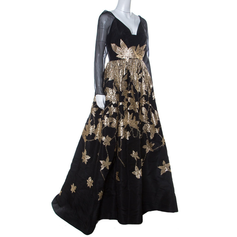 

Oscar de la Renta Black Silk Sequined Applique Detail Sheer Sleeve Gown