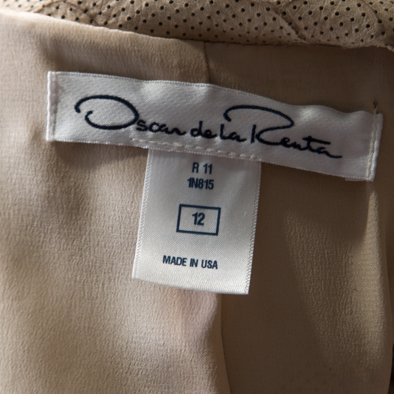 Pre-owned Oscar De La Renta Beige Perforated Python Embossed Leather Belted Coat L