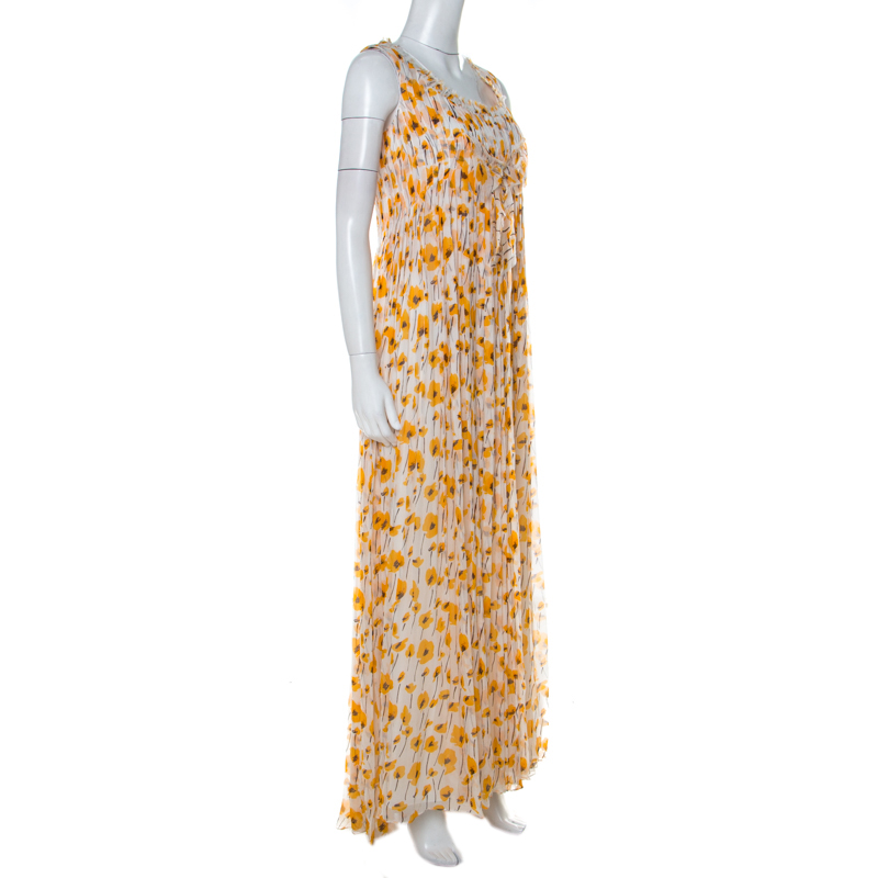 

Oscar De La Renta White & Yellow Floral Print Frayed Neckline Sleeveless Dress